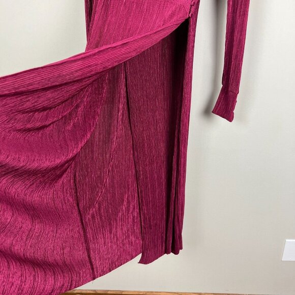 YAS Wrap Dress Womens Medium Wine Maxi Long Sleeve Ribbed V-Neck Slinky Stretch - Picture 8 of 13